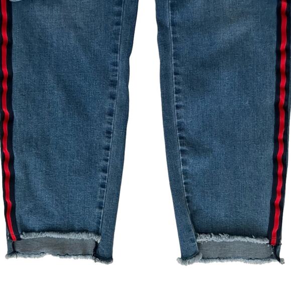 Tribal Jeans Distressed Stretch Raw Hem Side Red Stripe Ankle Jeans Size 12 - Picture 11 of 13